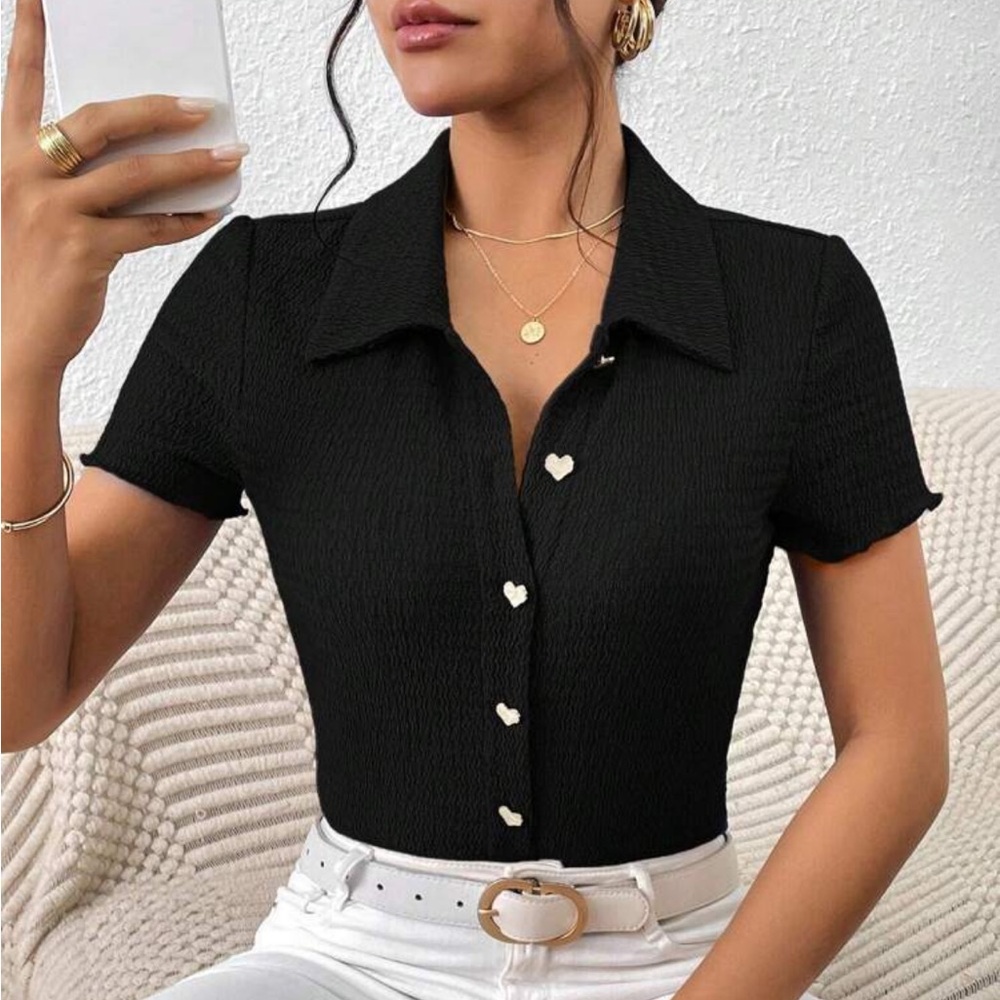 Black Short Sleeve Button-Up Top